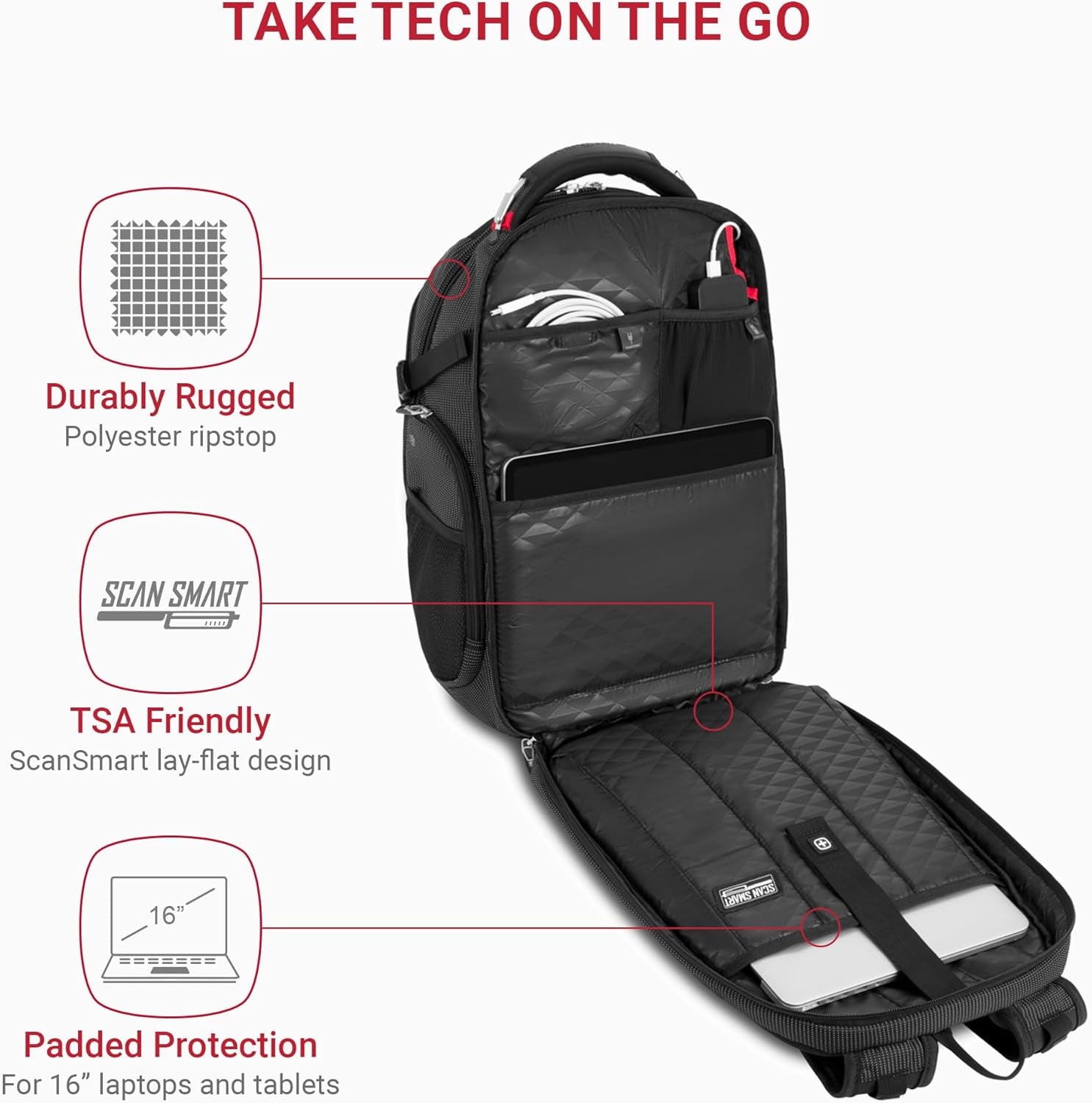 Travel Tech Elite Laptop Backpack – Fits Laptops up to 16” – Scansmart Tsa-Friendly Backpack with USB Port, Shoe Compartment & Organizer Pockets – Black Dot